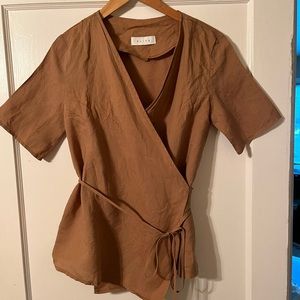 Olive orange linen wrap top